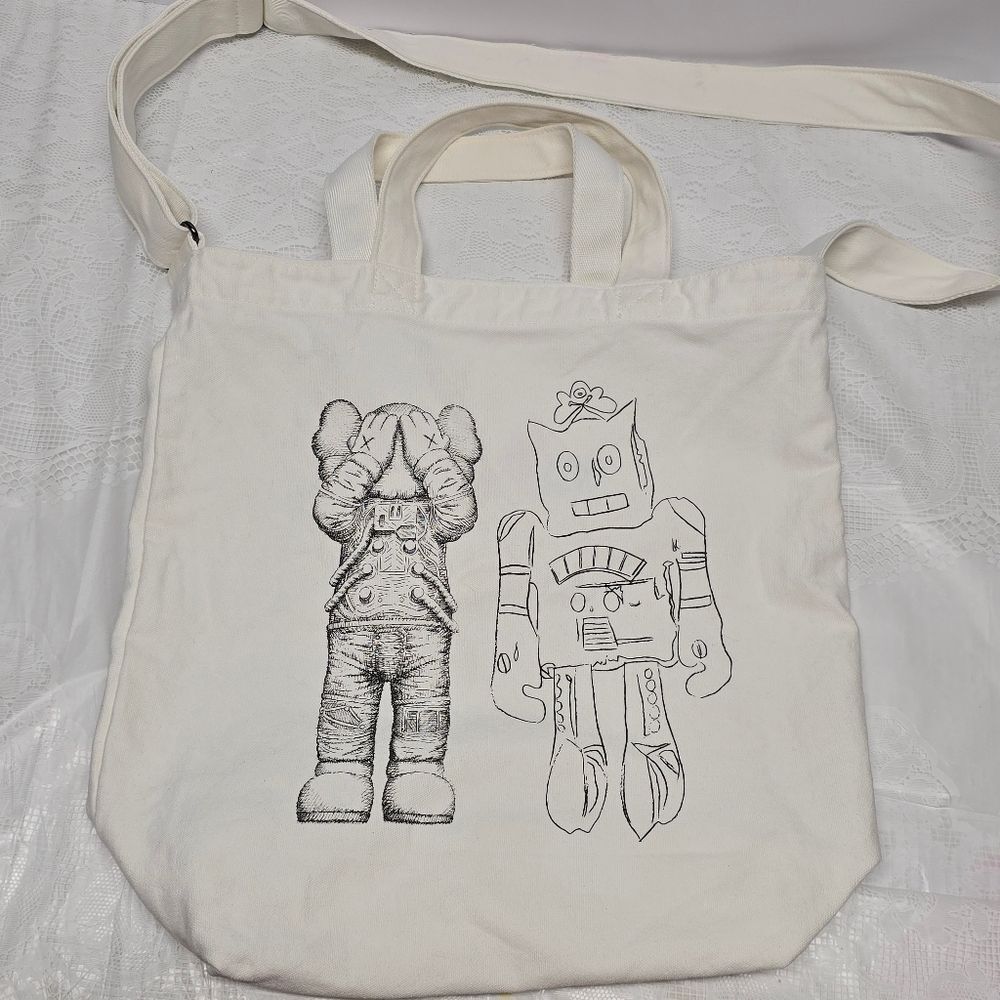 KAWS + Warhol 2-Way Uniqlo Tote Bag Off White Canvas Hipster Streetwear Pop Art